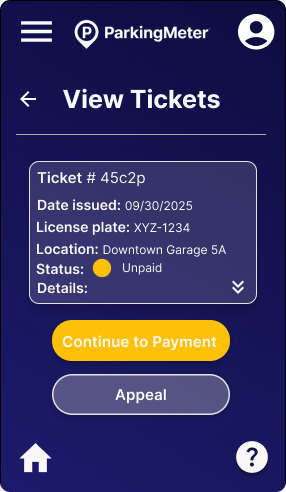 Ticket detail screen showing violation info and buttons to pay or appeal the ticket
