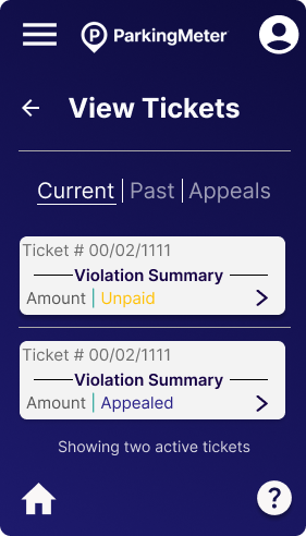 Tickets screen with tabs for Current, Past, and Appeals and ticket cards beneath