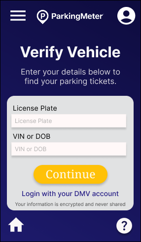 Verify vehicle screen showing license plate, VIN, and DMV login options