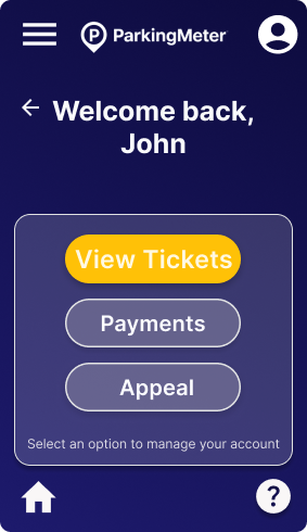 Welcome screen with buttons for View Tickets, Payments, and Appeals